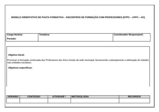 Capa do material nº 075: Ficha de Orientações Pauta Formativa HTPC - ATPC - AC